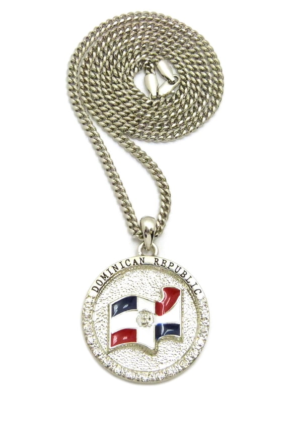 Stone Stud Dominican Republic Waving Flag Medal with 3mm Cuban Chain Necklace, Silver-Tone/18"