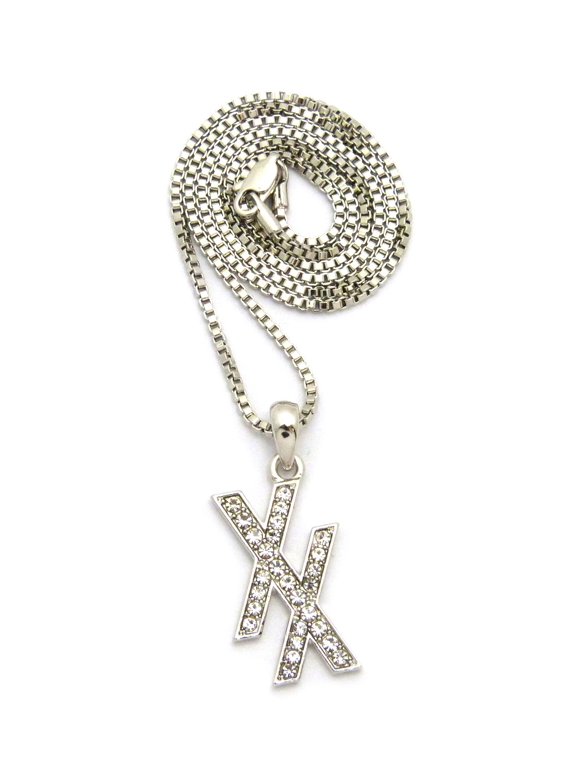 Stone Stud Double X Pendant w/ 2mm 24" Box Chain Necklace, Silver-Tone