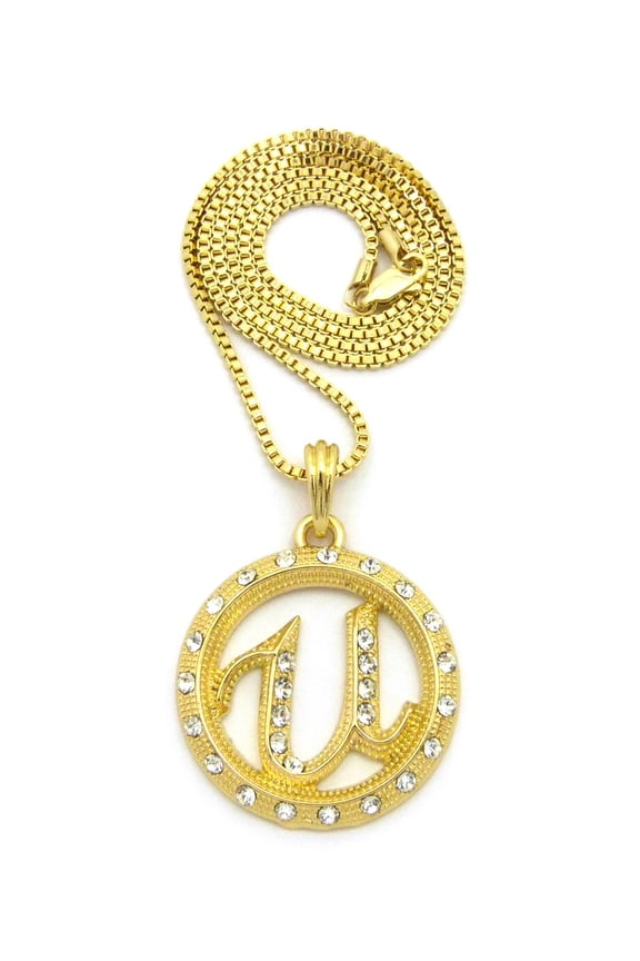 Stone Stud Encircled U Pendant with 2mm Box Chain Necklace, Gold-Tone, 20"