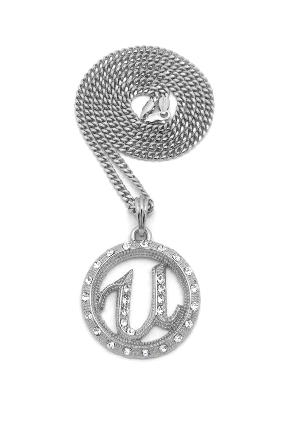 Stone Stud Encircled U Pendant with 3mm Cuban Chain Necklace, Silver-Tone, 24"