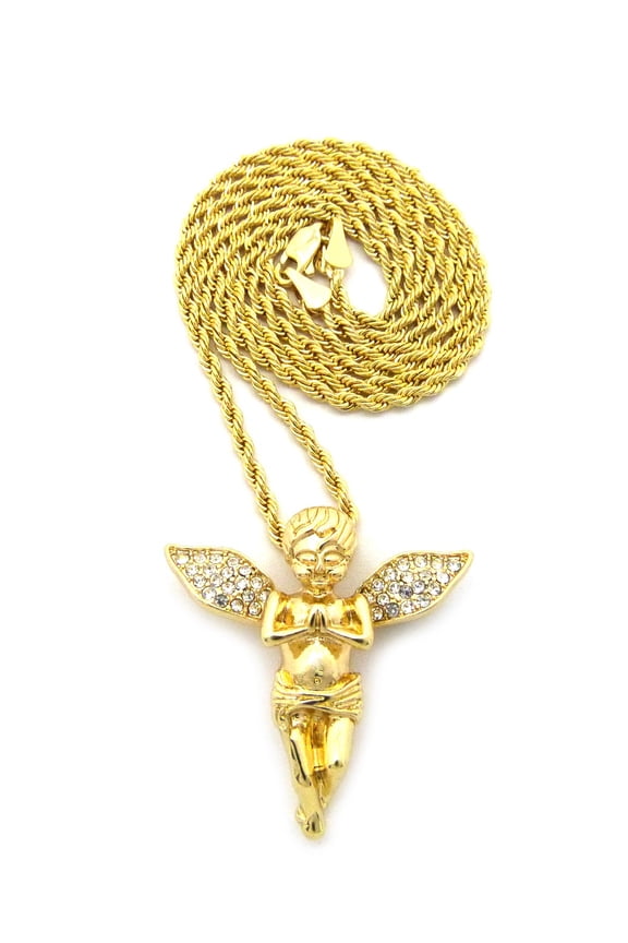 Stone Stud Extended Wing Praying Angel Pendant w/ Chain Necklace - 3mm 18" Rope Chain, Gold-Tone