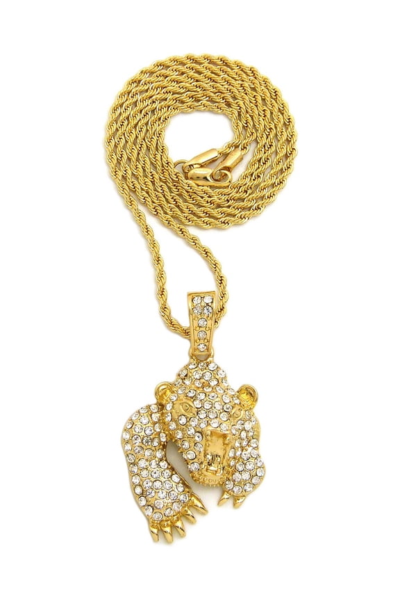Stone Stud Fierce Grizzly Bear Pendant with 3mm 18" Rope Chain Necklace, Gold-Tone