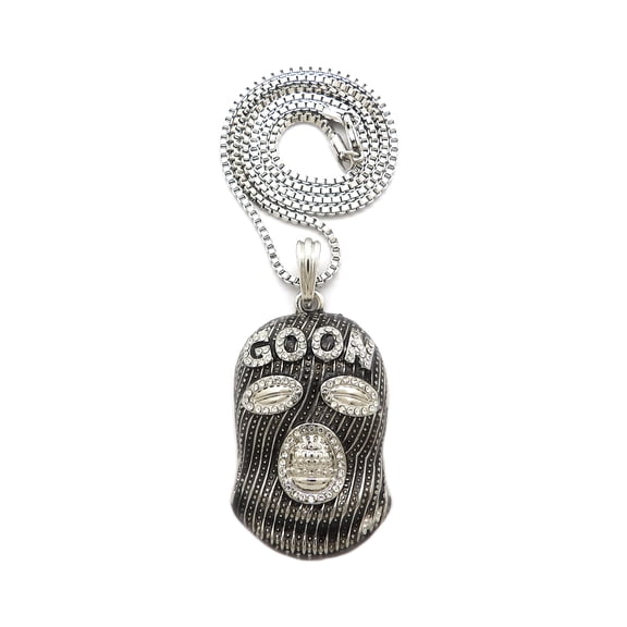 Stone Stud Full Face Ski Mask Goon Pendant with 2mm Box Chain Necklace, Silver-Tone, 18"