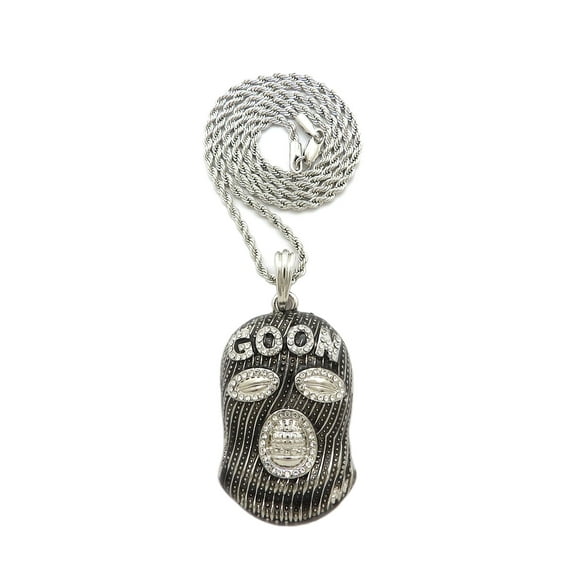 Stone Stud Full Face Ski Mask Goon Pendant with 2mm Rope Chain Necklace, Silver-Tone, 30"