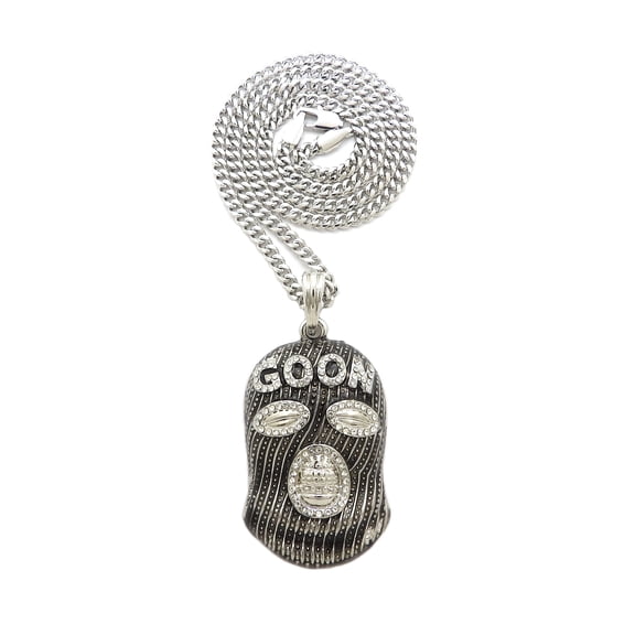 Stone Stud Full Face Ski Mask Goon Pendant with 3mm Cuban Chain Necklace, Silver-Tone, 18"
