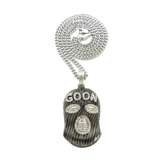 Stone Stud Full Face Ski Mask Goon Pendant with 3mm Cuban Chain Necklace, Silver-Tone, 24"