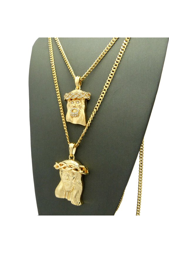 Stone Stud Jesus Face & Polished Jesus Face Pendant Set 3mm 61cm & 76cm Concave Cuban Chain in Gold-Tone