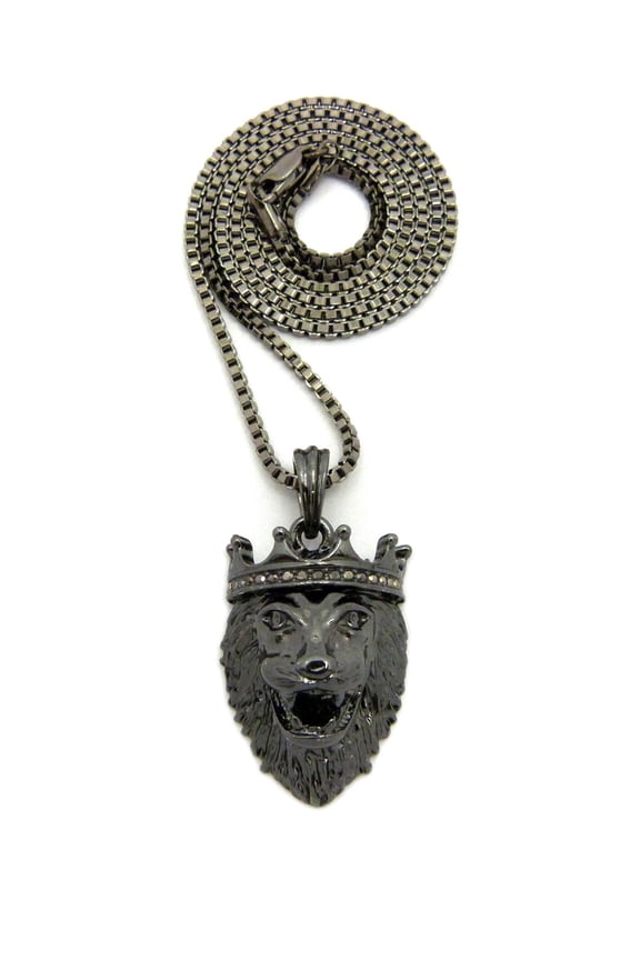 Stone Stud King Lion Pendant with Chain Necklace - 2mm 24" Hematite-Tone Box Chain