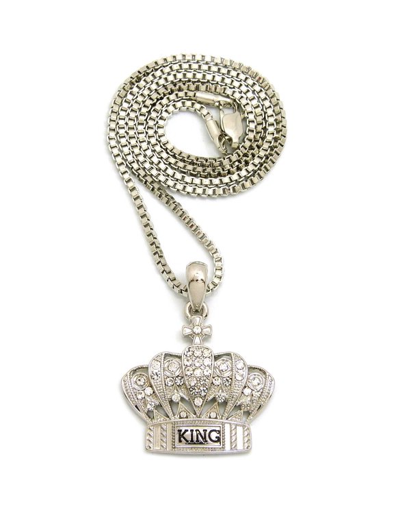 Stone Stud King Royal Crown Micro Pendant with 2mm 24" Box Chain Necklace, Silver-Tone
