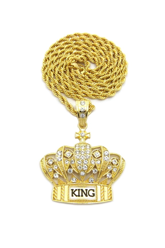 Stone Stud King Royal Crown Pendant with Chain Necklace - 4mm 36" Gold-Tone Rope Chain