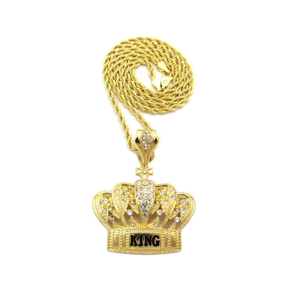 Stone Stud King's Crown Pendant with Chain Necklace - 3mm 18" Rope Chain, Gold-Tone