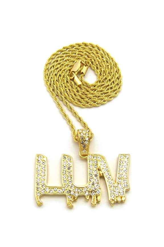 Stone Stud LUV Drip Effect Pendant with Gold-Tone Necklace - 3mm 18" Rope Chain