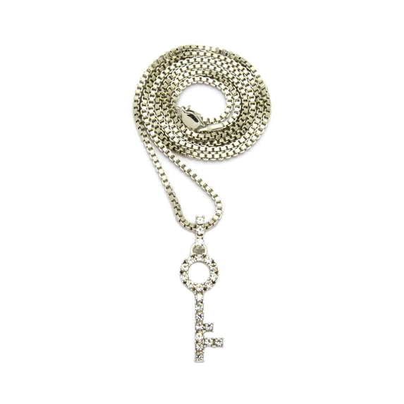 Stone Stud Lever Lock Key Micro Pendant w/2mm 24" Box Chain Necklace, Silver -Tone-Tone