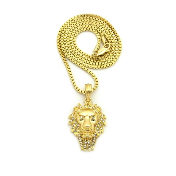 Stone Stud Mane Lion Head pendant w/2mm 24" Box Chain Necklace, Gold-Tone