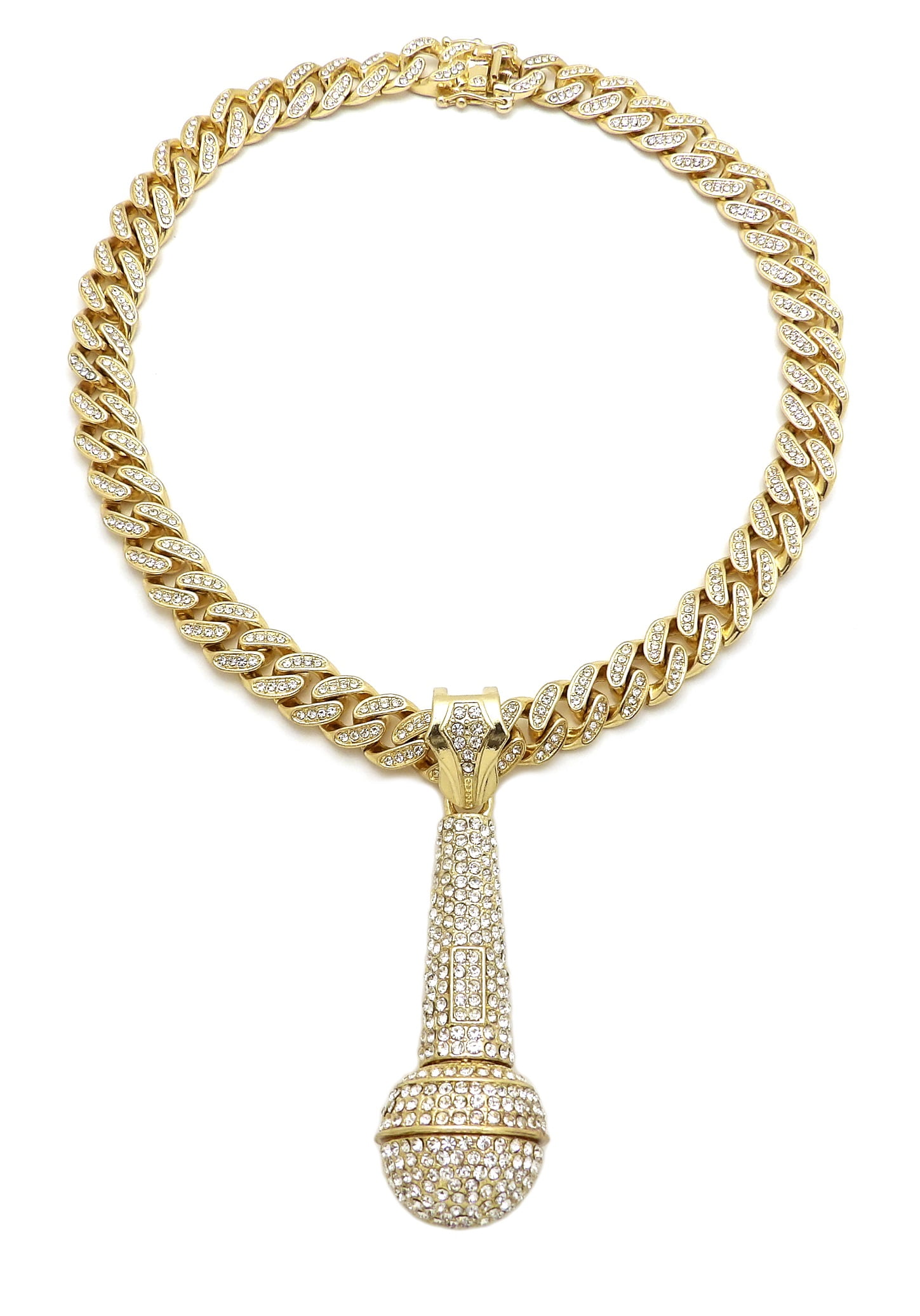 NYFASHION101 Stone Stud Microphone Pendant with 12mm 18" Iced Out Miami Cuban Chain Necklace in Gold-Tone