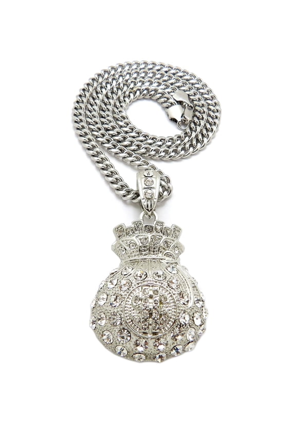 Stone Stud Money Bag with 6mm Cuban Chain Necklace, Silver-Tone, 24"