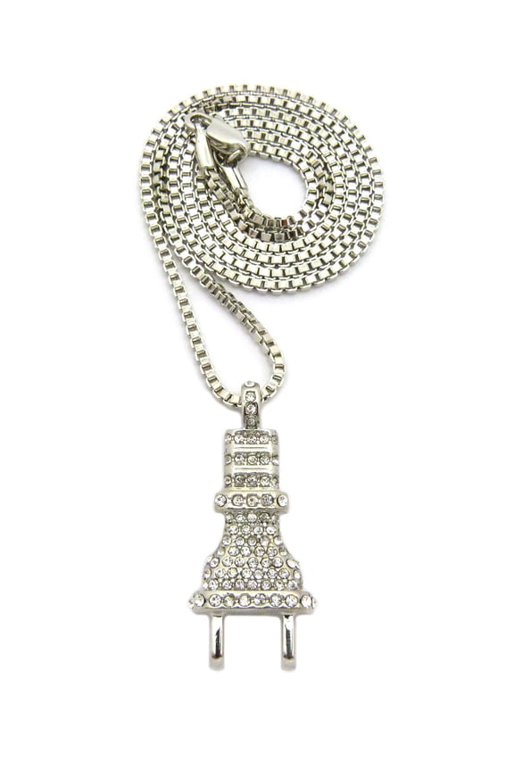 Stone Stud Power Plug Pendant with Chain Necklace - 2mm 24" Silver-Tone Box Chain