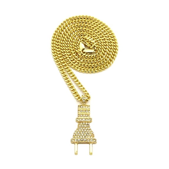 Stone Stud Power Plug Pendant with Chain Necklace - 3mm 24" Gold-Tone Cuban Chain