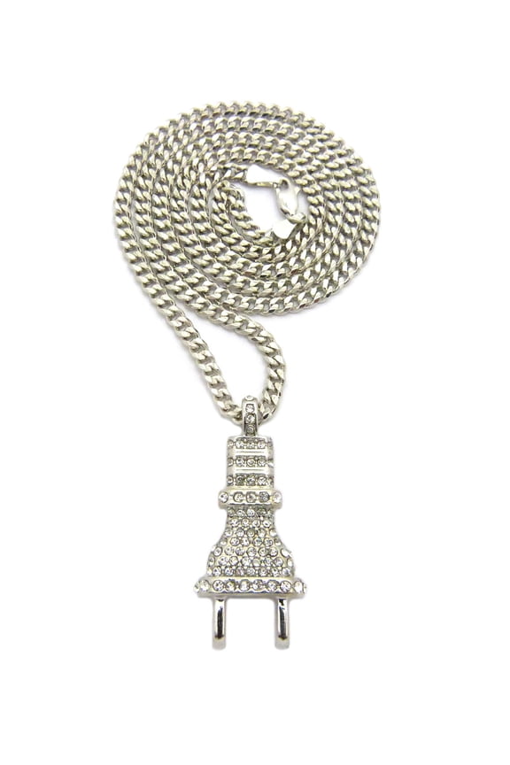 Stone Stud Power Plug Pendant with Chain Necklace - 3mm 24" Silver-Tone Cuban Chain