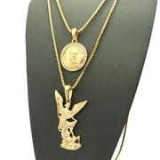 Stone Stud Saint Michael Medal & Archangel Pendant Set 2mm 24" & 30" Box Chains in Gold-Tone