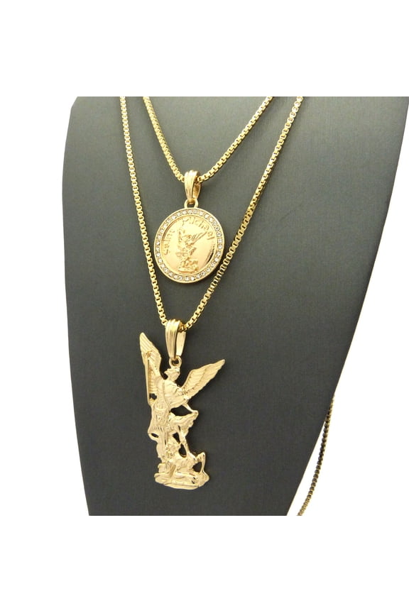 Stone Stud Saint Michael Medal & Archangel Pendant Set 2mm 24" & 30" Box Chains in Gold-Tone