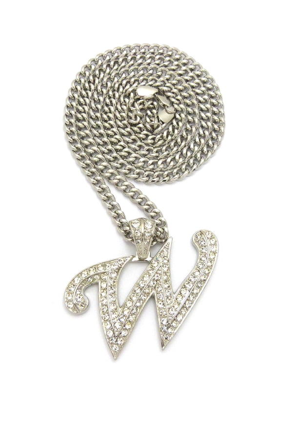 Stone Stud Script Initial W Pendant w/ 6mm 36" Cuban Chain Necklace, Silver-Tone