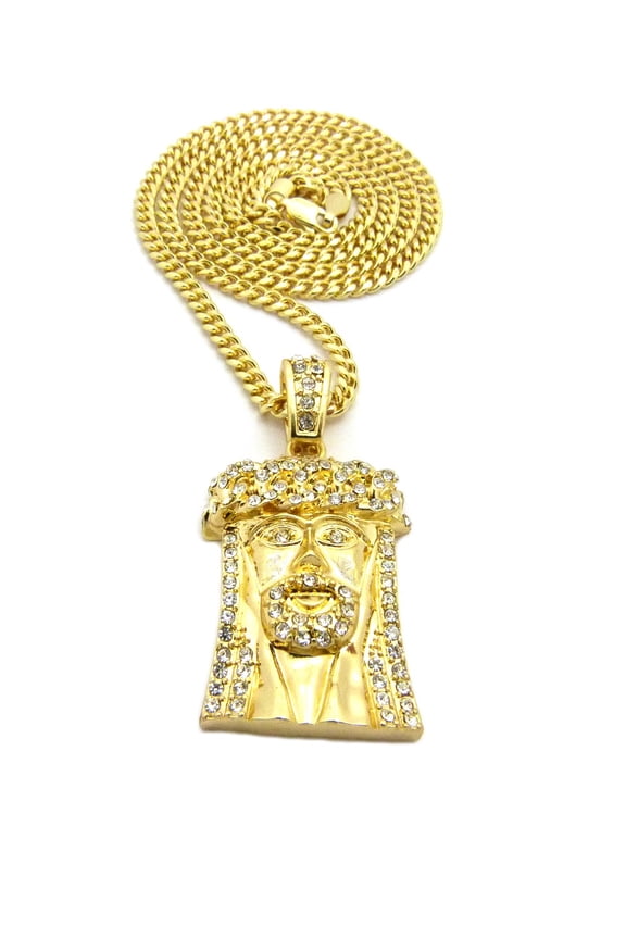 Stone Stud Straight Hair Jesus Head Pendant with Chain Necklace - 3mm 24" Gold-Tone Cuban Chain