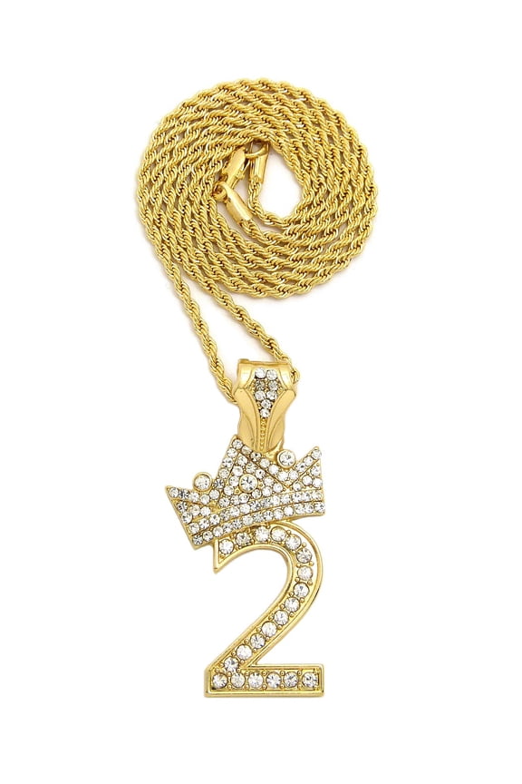 Stone Stud Tilded Crown Number Pendant with 3mm 18" Rope Chain Necklace, 2, Gold-Tone