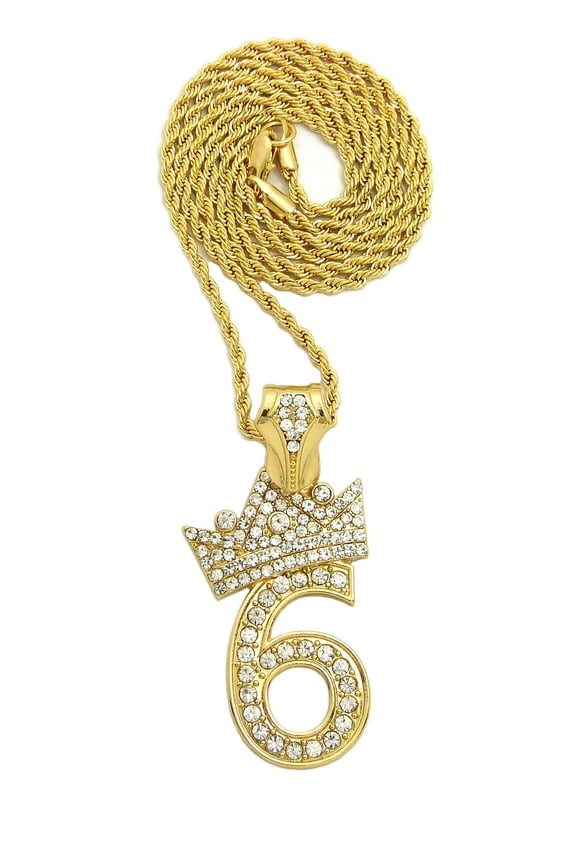 Stone Stud Tilded Crown Number Pendant with 3mm 18" Rope Chain Necklace, 6, Gold-Tone