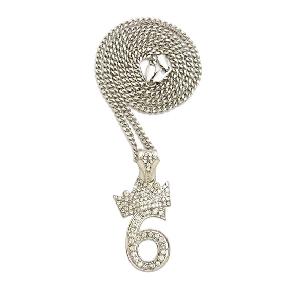 Stone Stud Tilded Crown Number Pendant with 3mm 24" Cuban Chain Necklace, 6, Silver-Tone