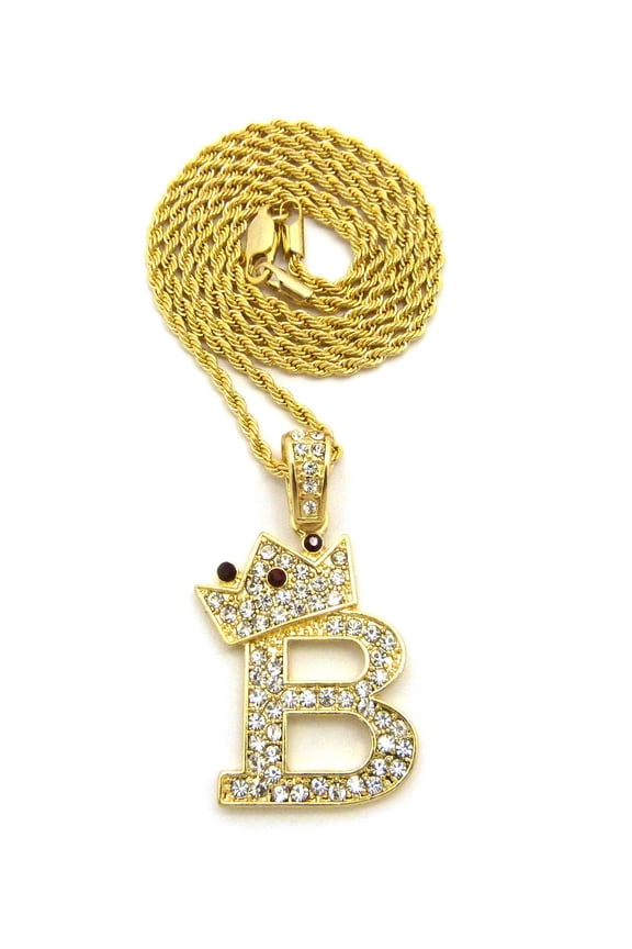 Stone Stud Tilted Crown Initial B Pendant w/ Gold-Tone Necklace - 3mm 18" Rope Chain