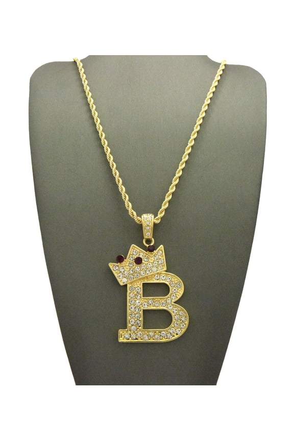 Stone Stud Tilted Crown Initial B Pendant w/ Gold-Tone Necklace - 3mm 18" Rope Chain