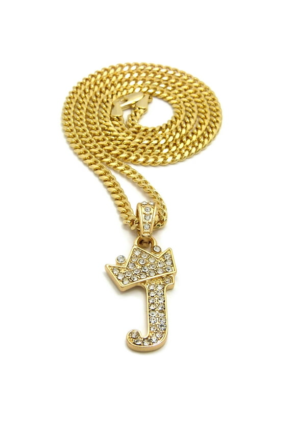 Stone Stud Tilted Crown Initial J Micro Pendant w/ 3mm 24" Cuban Chain Necklace, Gold-Tone
