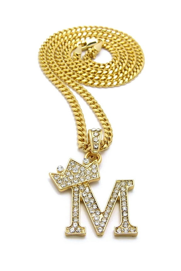 Stone Stud Tilted Crown Initial M Micro Pendant w/ 3mm 24" Cuban Chain Necklace, Gold-Tone