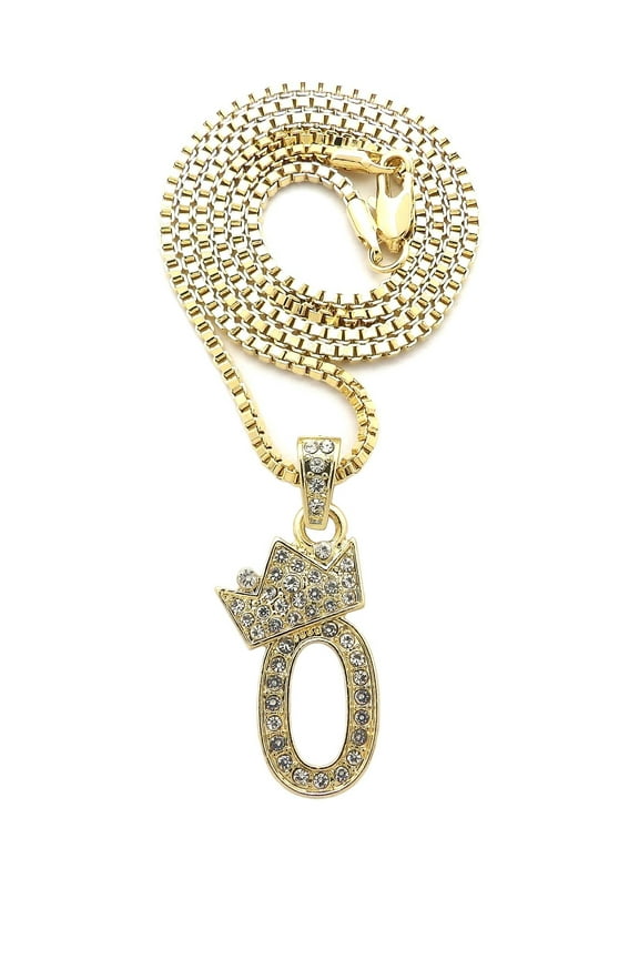 Stone Stud Tilted Crown Number Micro Pendant with 2mm Box Chain Necklace, #0/Gold-Tone/27"
