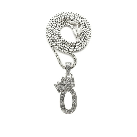 Stone Stud Tilted Crown Number Micro Pendant with 2mm Box Chain Necklace, #0/Silver-Tone/20"