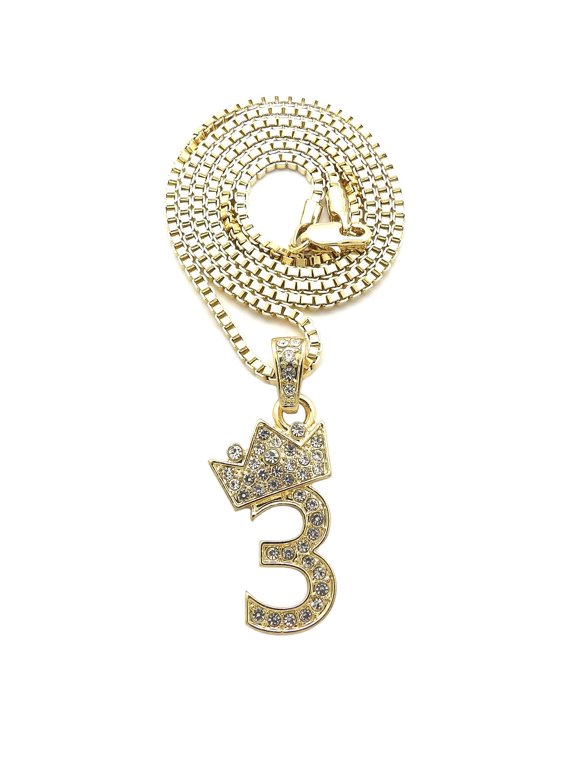 Stone Stud Tilted Crown Number Micro Pendant with 2mm Box Chain Necklace, #3/Gold-Tone/27"