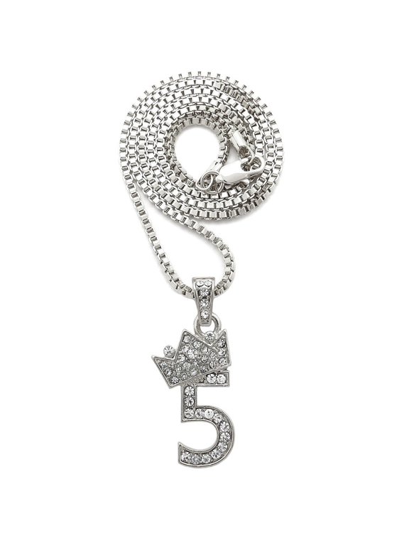 Stone Stud Tilted Crown Number Micro Pendant with 2mm Box Chain Necklace, #5/Silver-Tone/30"
