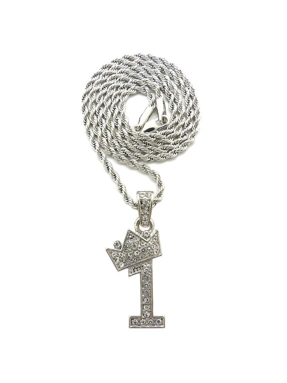 Stone Stud Tilted Crown Number Micro Pendant with 2mm Rope Chain Necklace, #1/Silver-Tone/18"