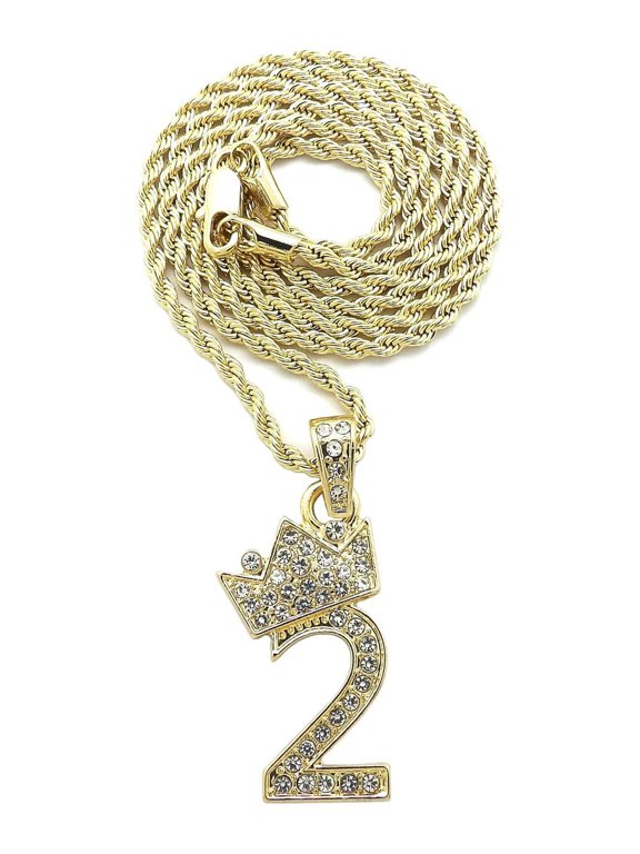 Stone Stud Tilted Crown Number Micro Pendant with 2mm Rope Chain Necklace, #2/Gold-Tone/30"