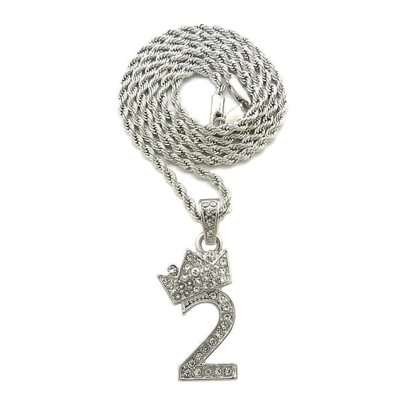 Stone Stud Tilted Crown Number Micro Pendant with 2mm Rope Chain Necklace, #2/Silver-Tone/24"