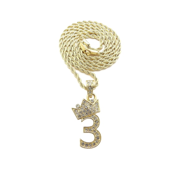 Stone Stud Tilted Crown Number Micro Pendant with 2mm Rope Chain Necklace, #3/Gold-Tone/22"