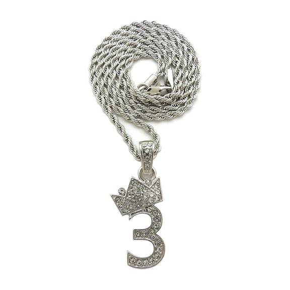 Stone Stud Tilted Crown Number Micro Pendant with 2mm Rope Chain Necklace, #3/Silver-Tone/24"