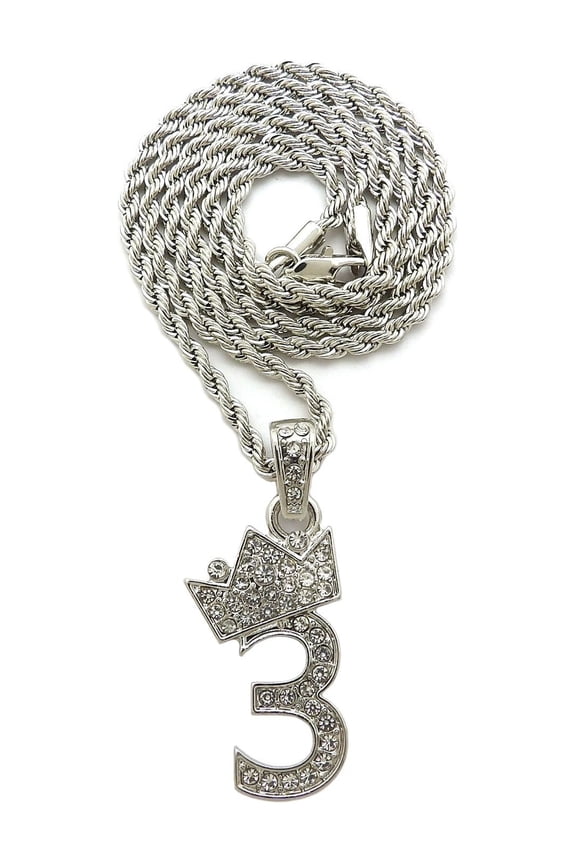 Stone Stud Tilted Crown Number Micro Pendant with 2mm Rope Chain Necklace, #3/Silver-Tone/24"