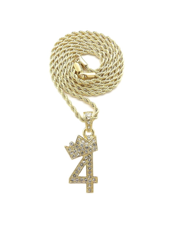 Stone Stud Tilted Crown Number Micro Pendant with 2mm Rope Chain Necklace, #4/Gold-Tone/30"