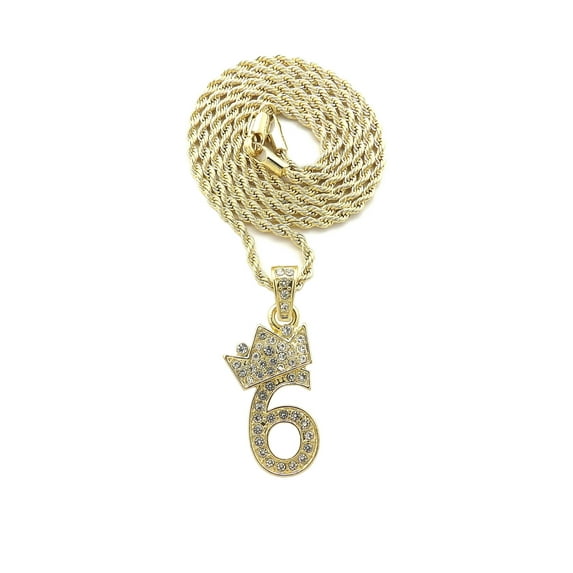 Stone Stud Tilted Crown Number Micro Pendant with 2mm Rope Chain Necklace, #6/Gold-Tone/22"