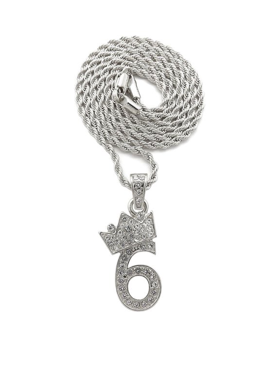 Stone Stud Tilted Crown Number Micro Pendant with 2mm Rope Chain Necklace, #6/Silver-Tone/24"