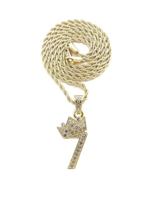 Stone Stud Tilted Crown Number Micro Pendant with 2mm Rope Chain Necklace, #7/Gold-Tone/30"
