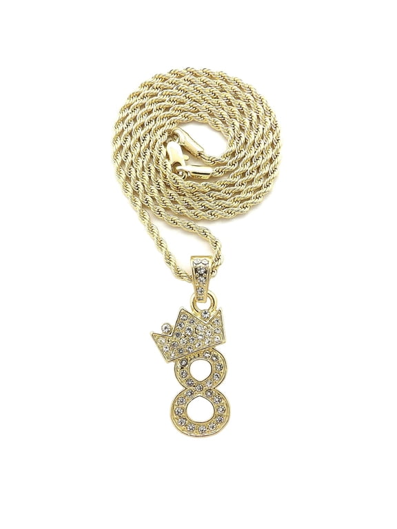 Stone Stud Tilted Crown Number Micro Pendant with 2mm Rope Chain Necklace, #8/Gold-Tone/18"