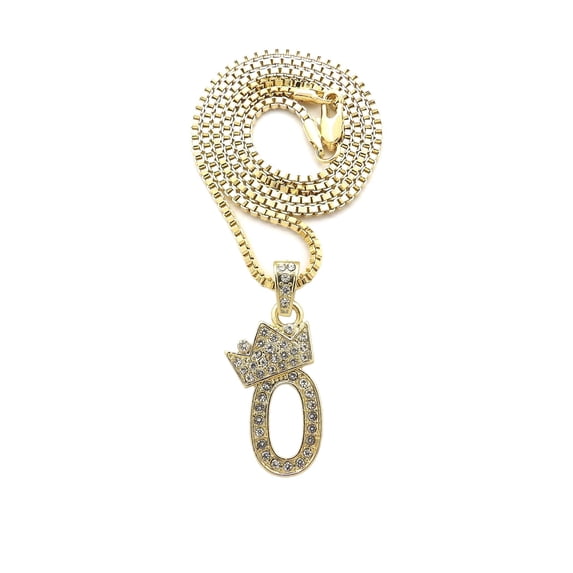 Stone Stud Tilted Crown Number Micro Pendant with 3mm Box Chain Necklace, #0/Gold-Tone/30"